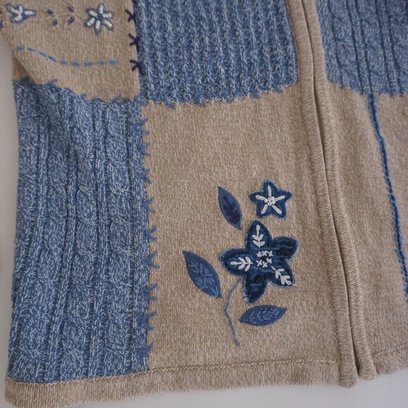 Alia Beige Blue Embroidered Floral Knit Zip Up Cardigan Sweater Large - Picture 8 of 14